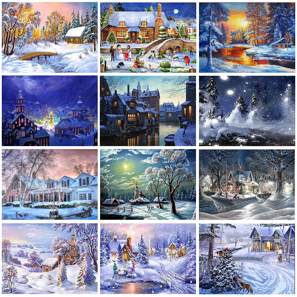 5D Diamond Painting Set Natural Scenery DIY Diamond Art Painting Snow Frozen Lake Bridge House Diamond Embroidery Home Decor Gif