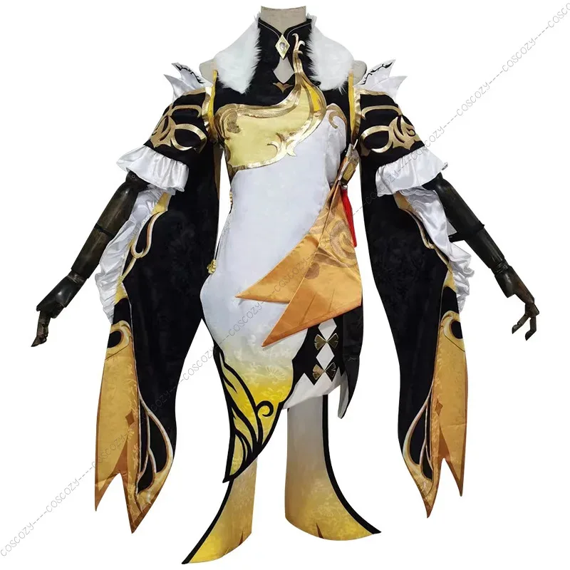 

qq681Game Genshin Impact Ningguang Костюм Новая кожа Ning Guang Золотой наряд включает платье-парик для любителей косплея