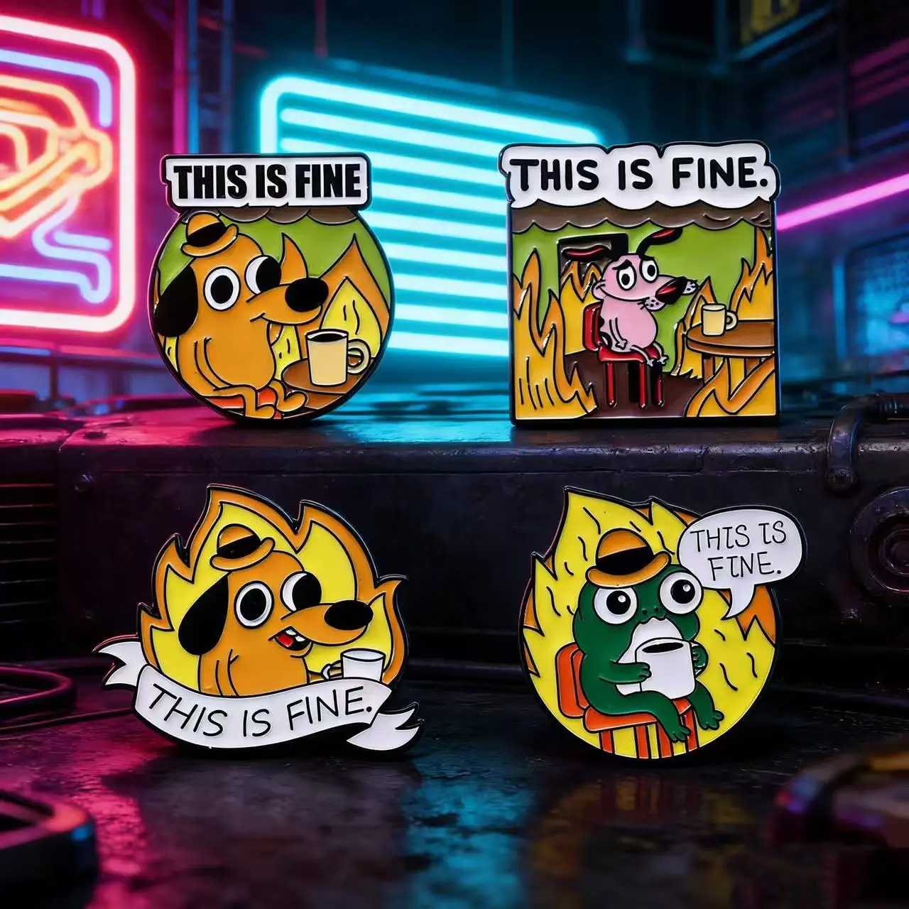 4 Broches de Esmalte Amarillos de Anime y Dibujos Animados con Diseños de Perro 'This Is Fine', Silla, Cómic, Animales y Llamas, Joyas de Moda Lindas para Bolsos y Mochilas