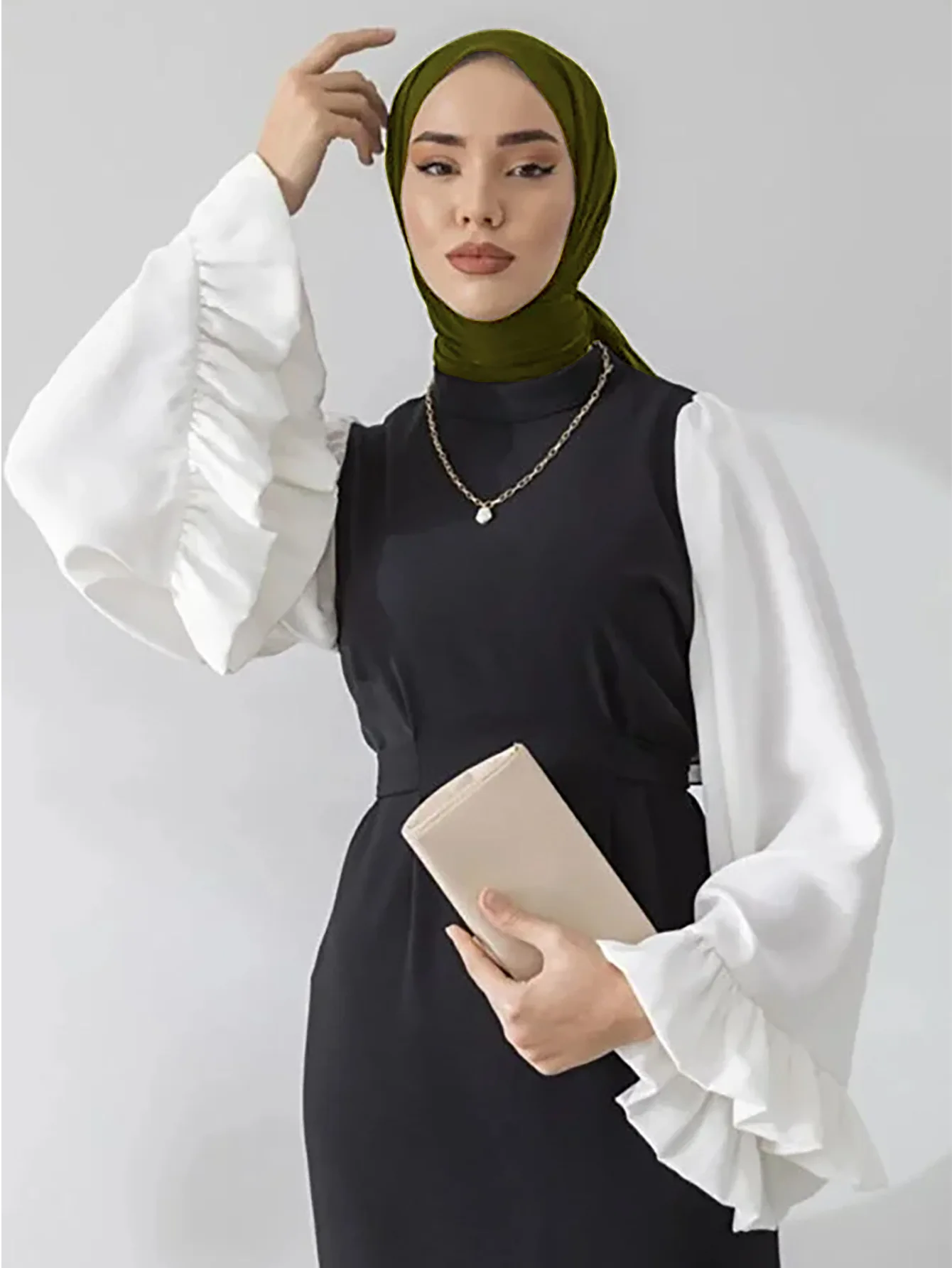 

Middle East Morocco Turkey Dress Loose Flare Sleeve Color Contrast Waist Slim Muslim Islamic Arab Dress for Women Maxi Robe 2024