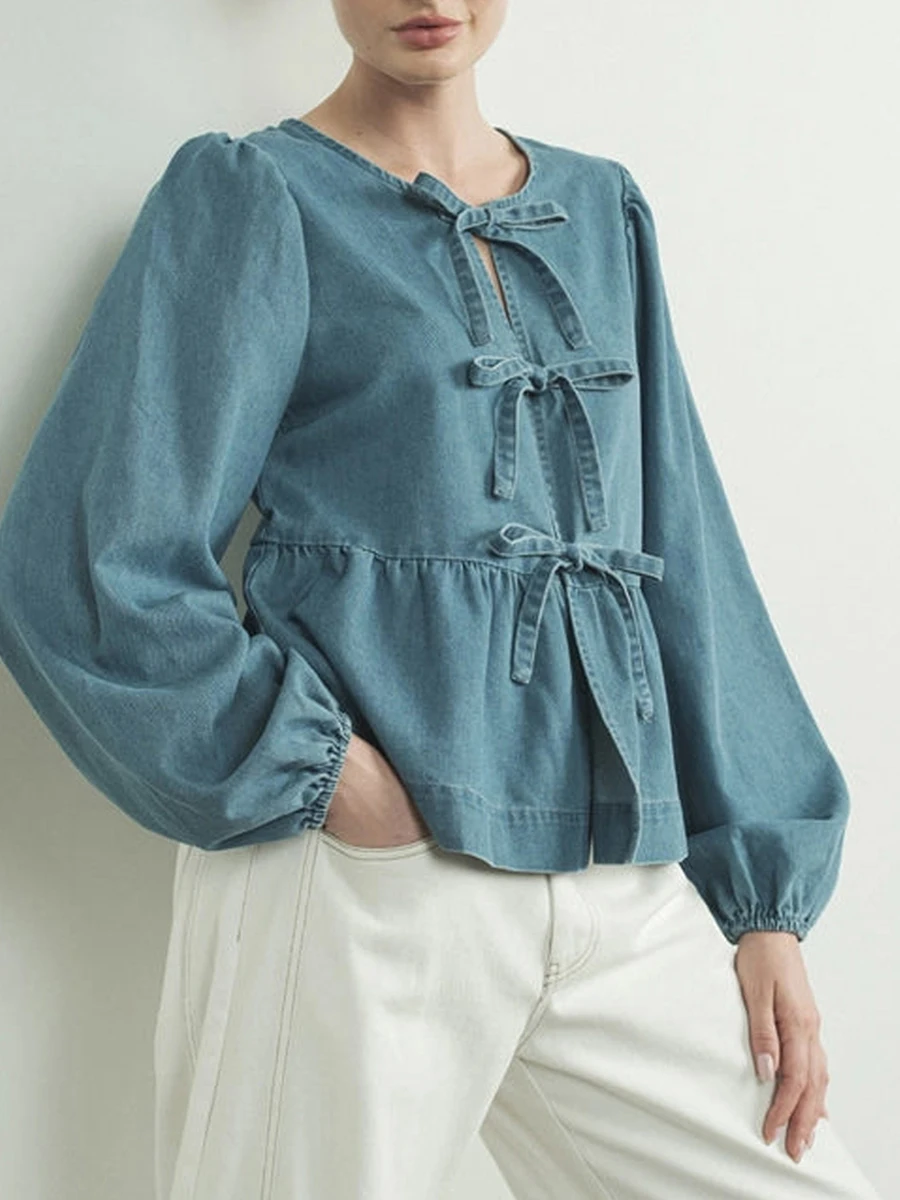 Women s Stylish Fall Denim Blouse with Long Sleeves and Round Neckline Featuring a Solid Color and Tie-Front Detail for a Chic