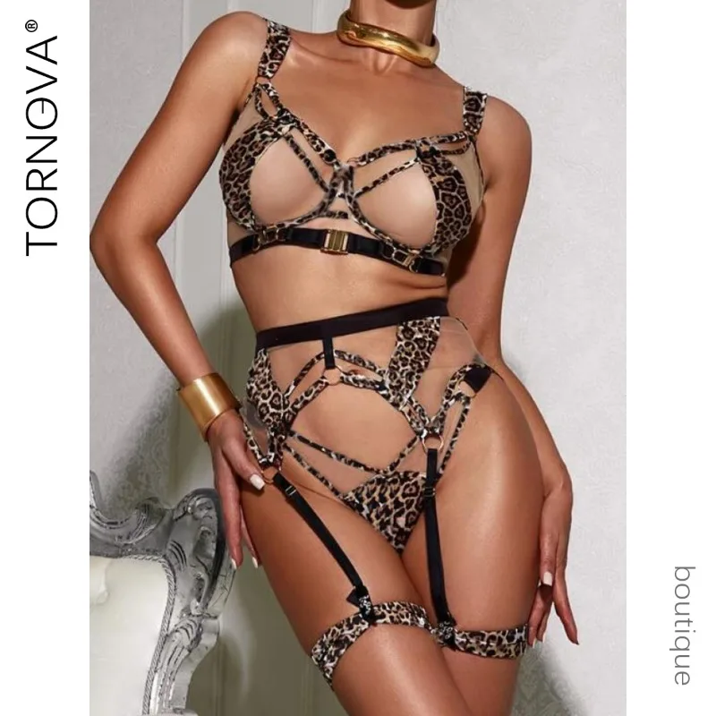 

Tornova Sexy Leopard Print Lingerie Suit for Women Mesh Patchwork Leopard Print Lace Up See-through Women's Underwear Suit New
