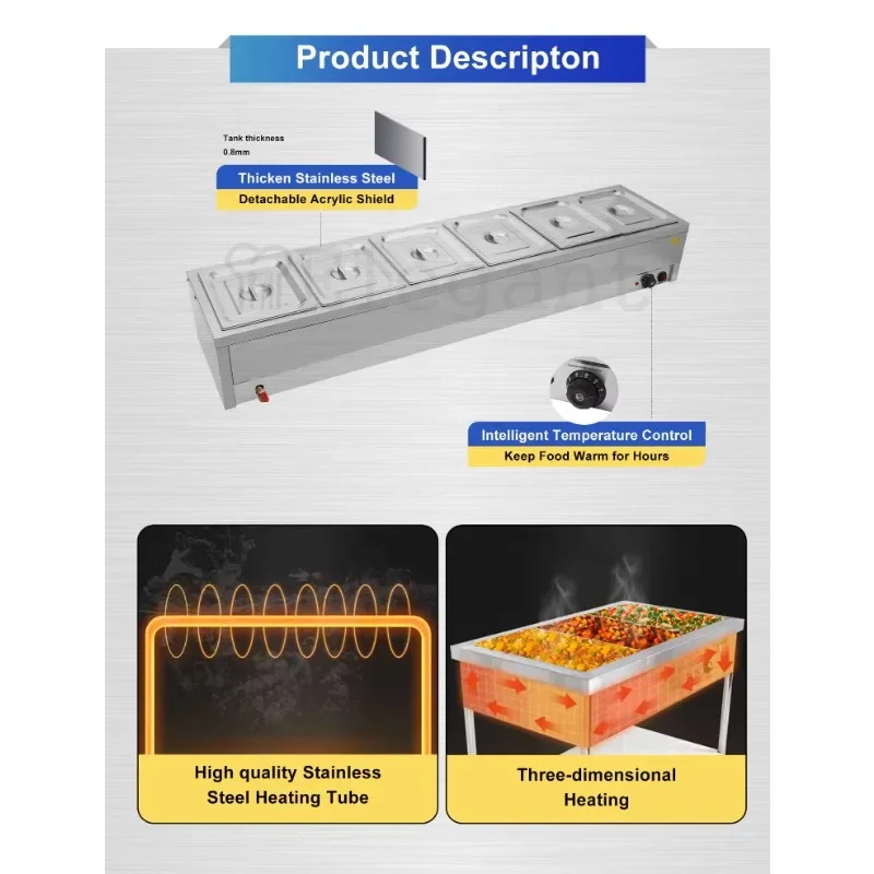 Commercial Food Warmer Steam Table Buffet Pan Bain Marie for Catering Restaurants