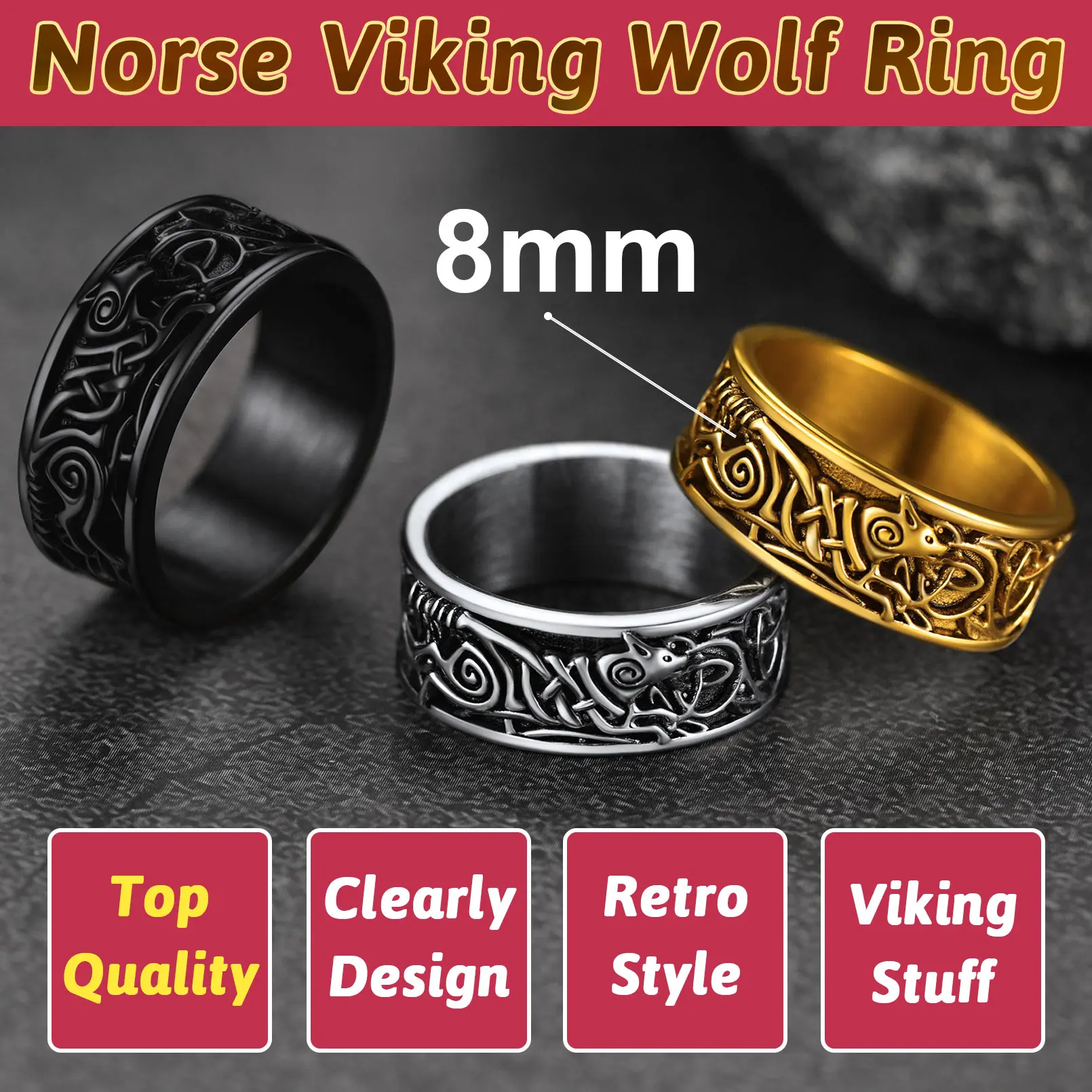316L Stainless Steel Rings for Man Woman Celtic Knot Viking Wolf Pattern Vintage Etch Symbol Design Gothic Jewelry Gift Choice