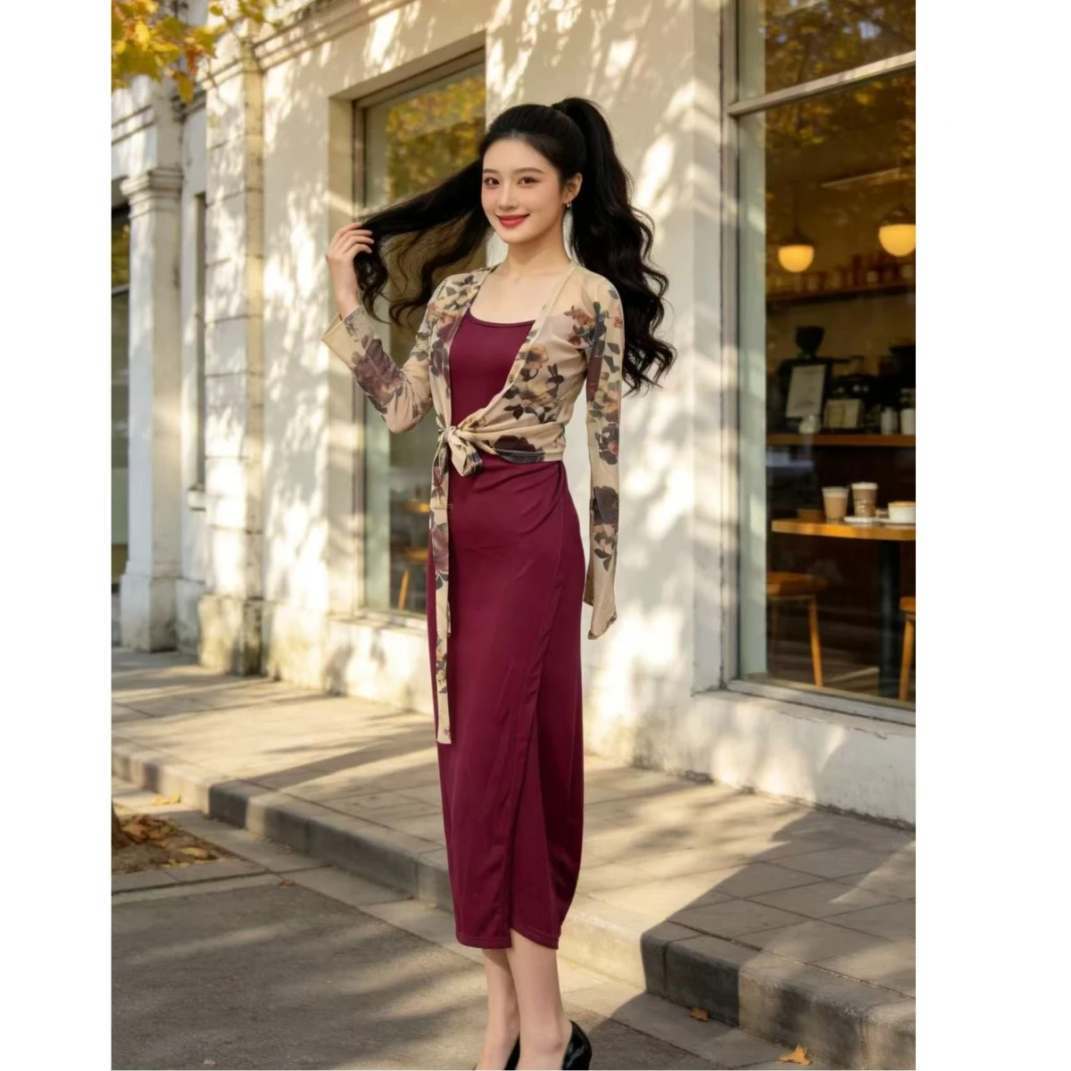 

2026 Fashionable Rose Print Long Sleeve V-Neck Belted Cardigan Slimming Split Set Women's Casual Wear Polyester Thickened Sum...