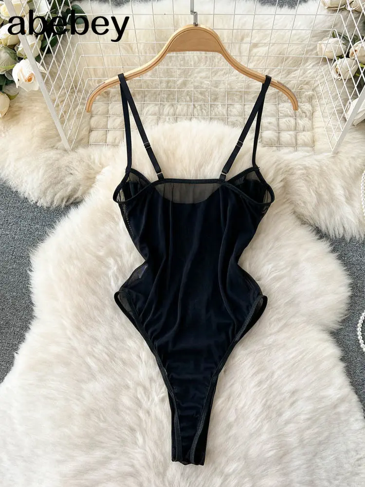 Sexy Women Chain Strappy Bodysuits Fashion Chic Streetwear Catsuit Combination Lingerie Halter Mesh Combination Rompers