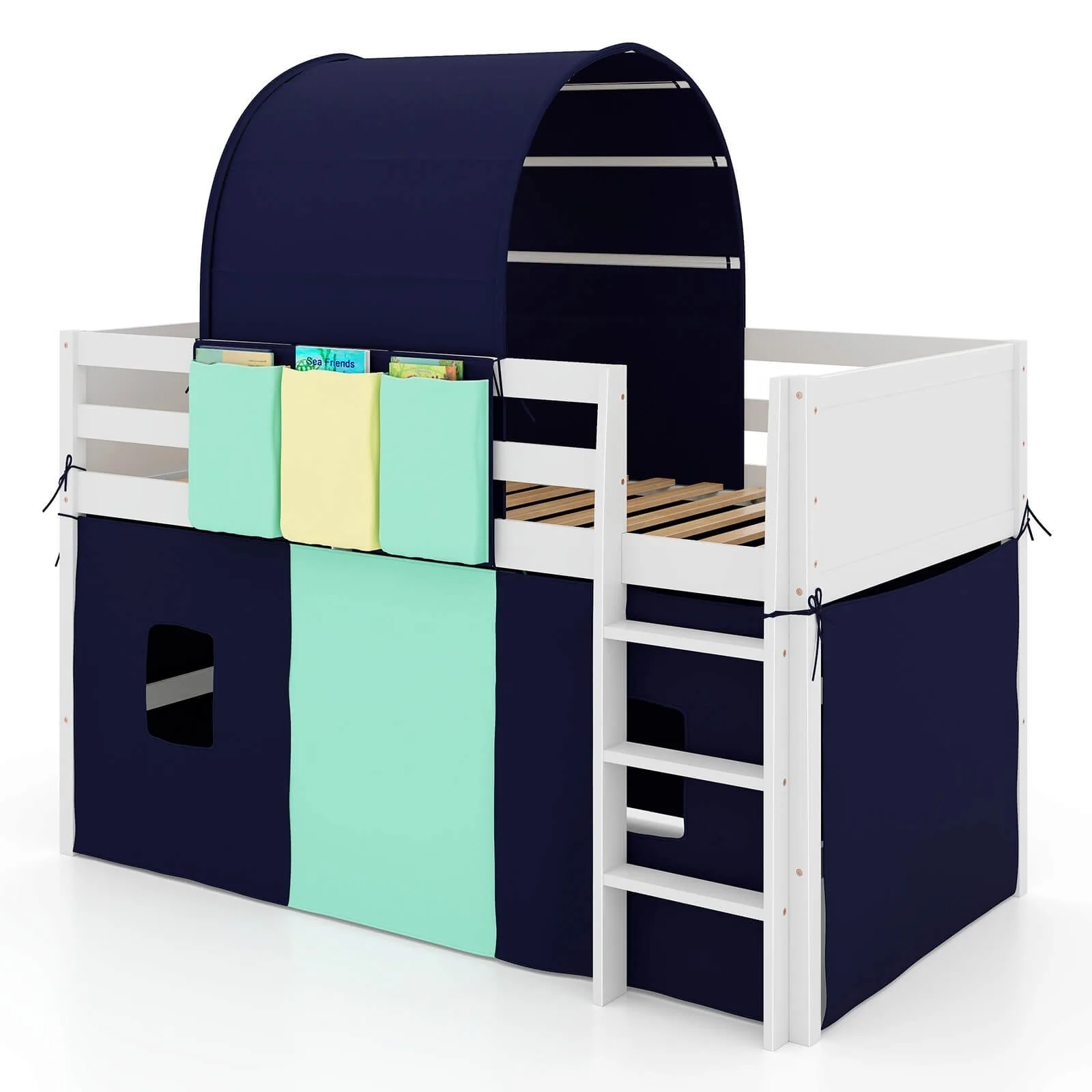 Twin Loft Bed with Tower & Tent 3 Storage Pockets Safety Guardrail and Ladder