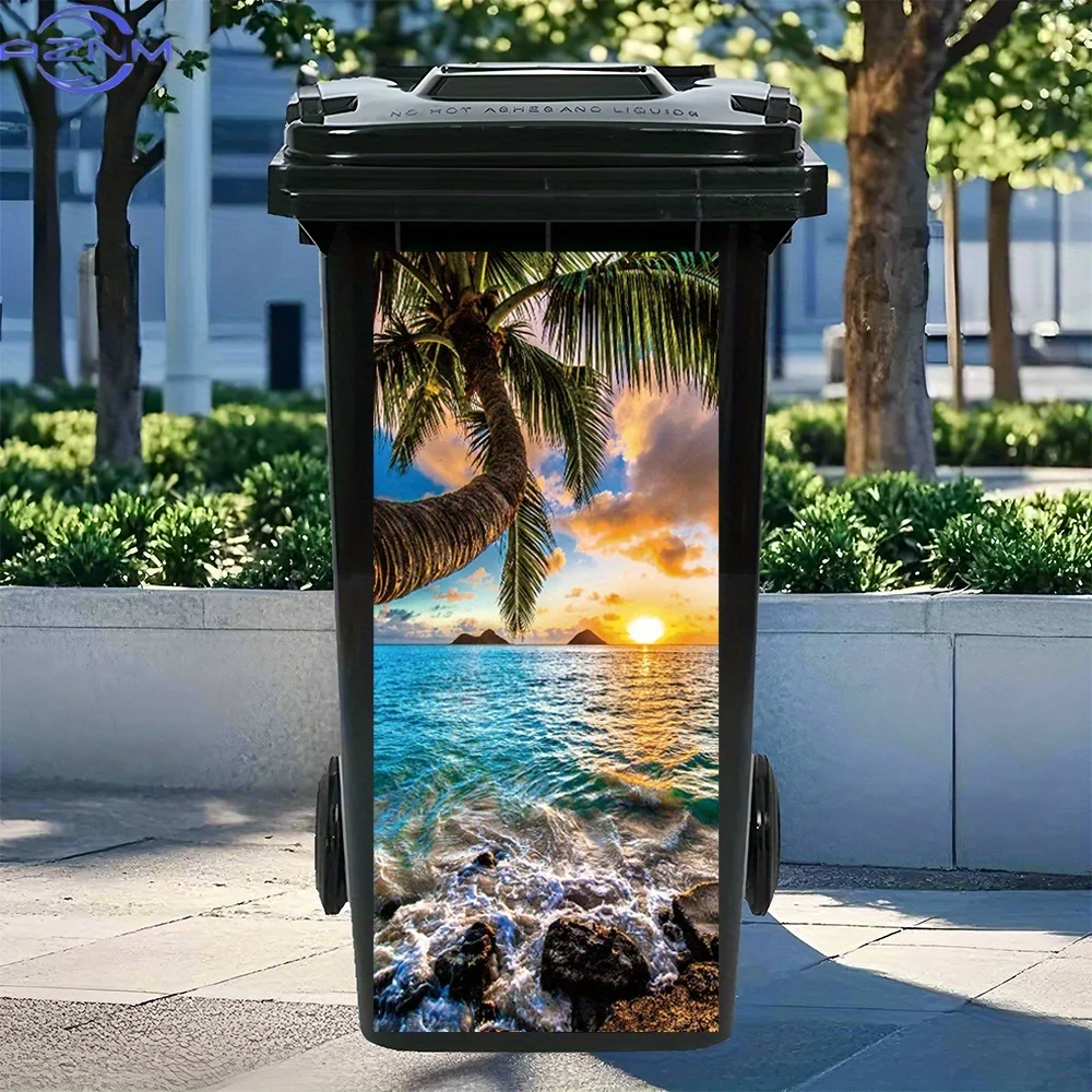 1pc of a Sunset Beach Scene Featuring Palm Trees And Rocks, a Waterproof And Removable PVC Sticker Suitable for Trash Bins, Wa