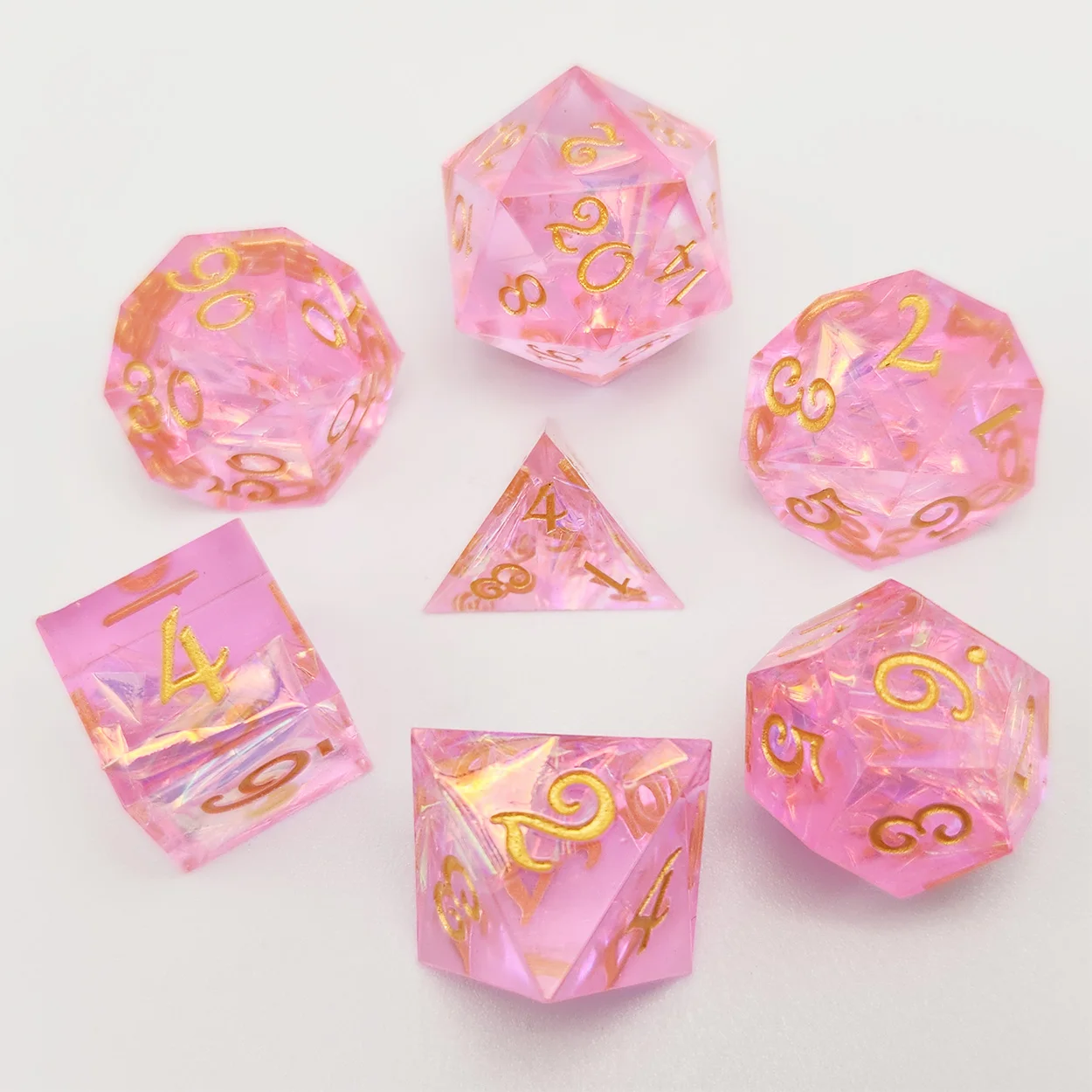 

7pcs Pink Resin Dice with Golden Numbers, Featuring Sharp Edges, Perfect for Rpgs, DND, Pathfinder, And Board Games