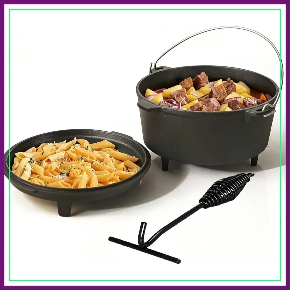 

6.3qt Cast Iron Camping Dutch Oven with 12inch Skillet Lid, Outdoor Cooking Pot for Baking, Braising, Campfire