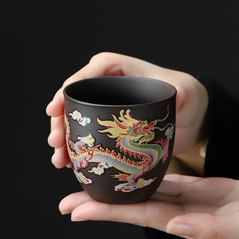 1pcs Dragon and Phoenix Temperature Change Purple Sand Cup Changes Color in Hot Water Household Tea Cup