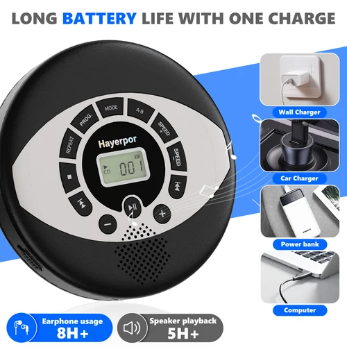 Imagen 2 del producto Walkman de cd recargable Discman con altavoz reproductor de cd portátil con USB, protección antideslizante, auriculares incluidos, reproductor de cd para coche