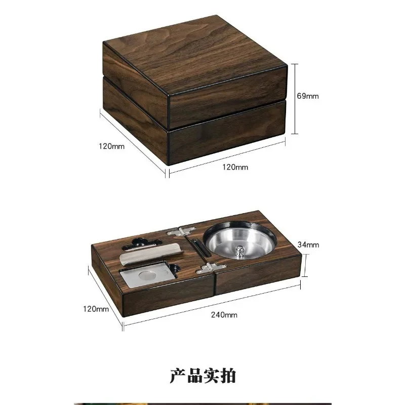 Cigar Cigarette Ashtray Smoking Accessories Solid Walnut Wood Luxury Foldable Ash Tray Include Cigar Cutter Holder Hole Opener