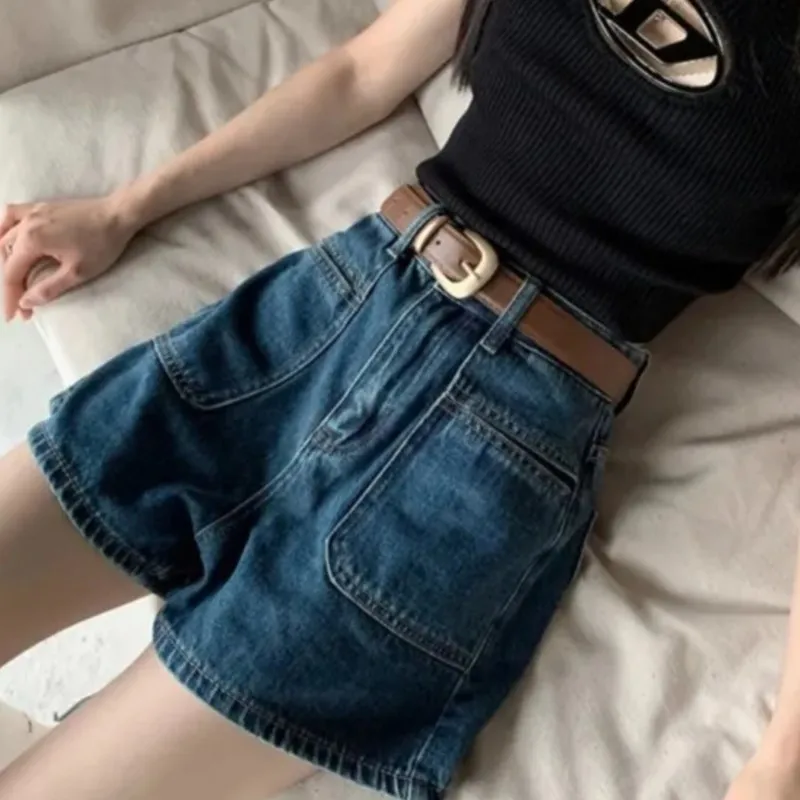 Retro High Waist Jeans Women's Blue Shorts Wide Legged Pants Loose Pockets Straight leg Pants Hot Pants Summer Dropship