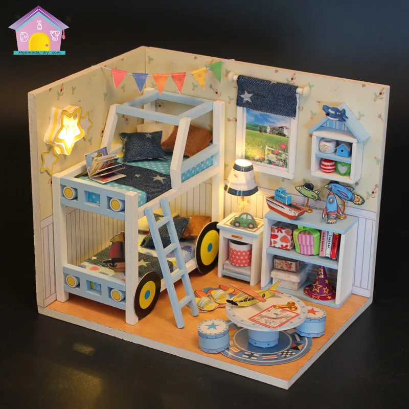 Dollhouse Bunk Bed Frame Bedroom Casa Wooden Doll Houses Miniature Building Kit with Furniture Assembly Toys for Friends Gifts