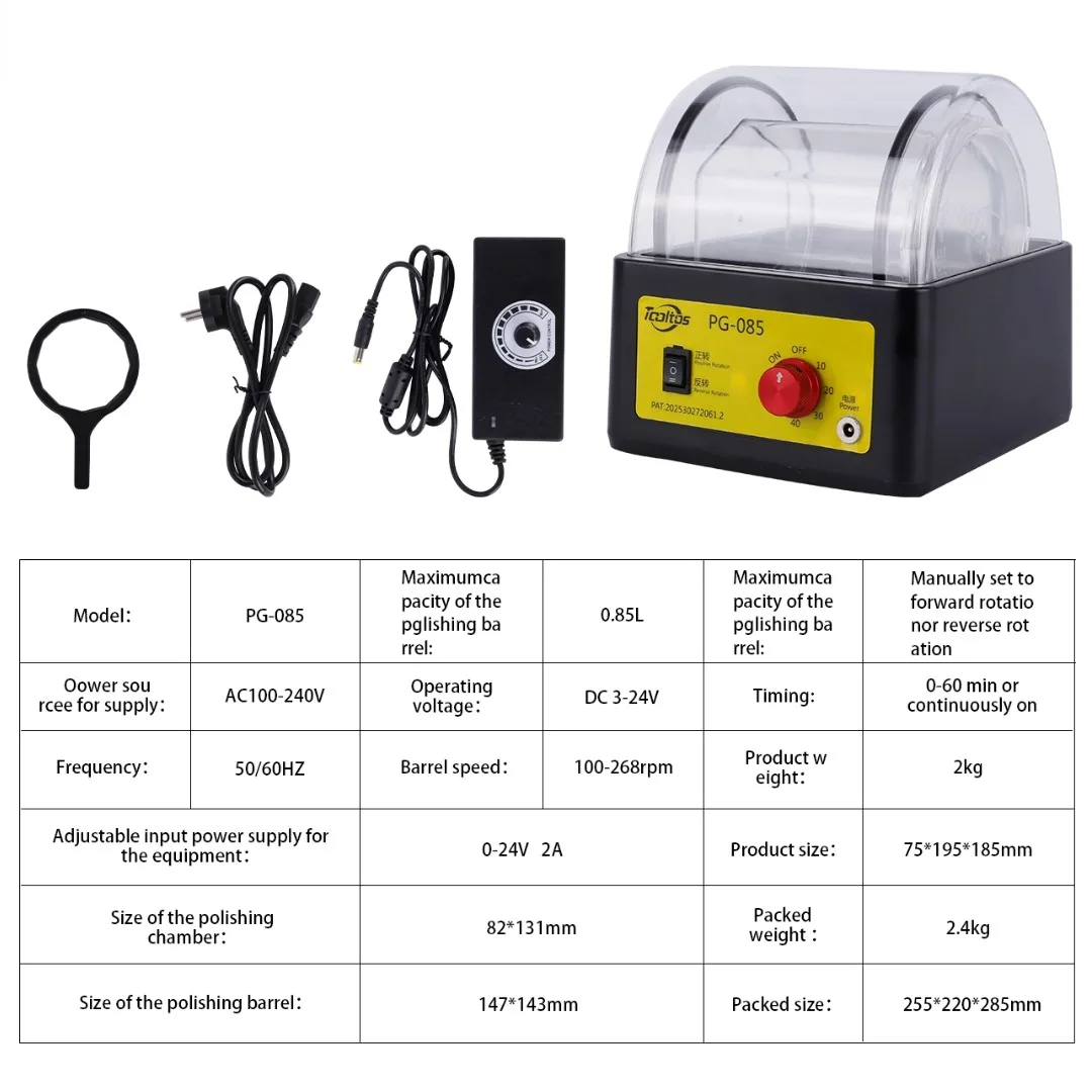 110V Mini PG-085 Rotary Tumbler Jewelry Polishing Machine Polisher Kit With Polishing Abrasive & Beads 0.85L Capacity Adjustable Speed 100-268RPM Jewelry Rotation Barrel Grinder with Noise Reduction Metal Jewelry Rotary Barrel Grinding Machine