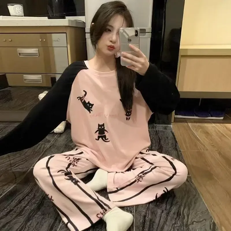 Women's Autumn/Winter German Velvet Warm Home Pajama Set Round Neck Loose Soft Close Fitting Long Sleeve Pants Home Clothes