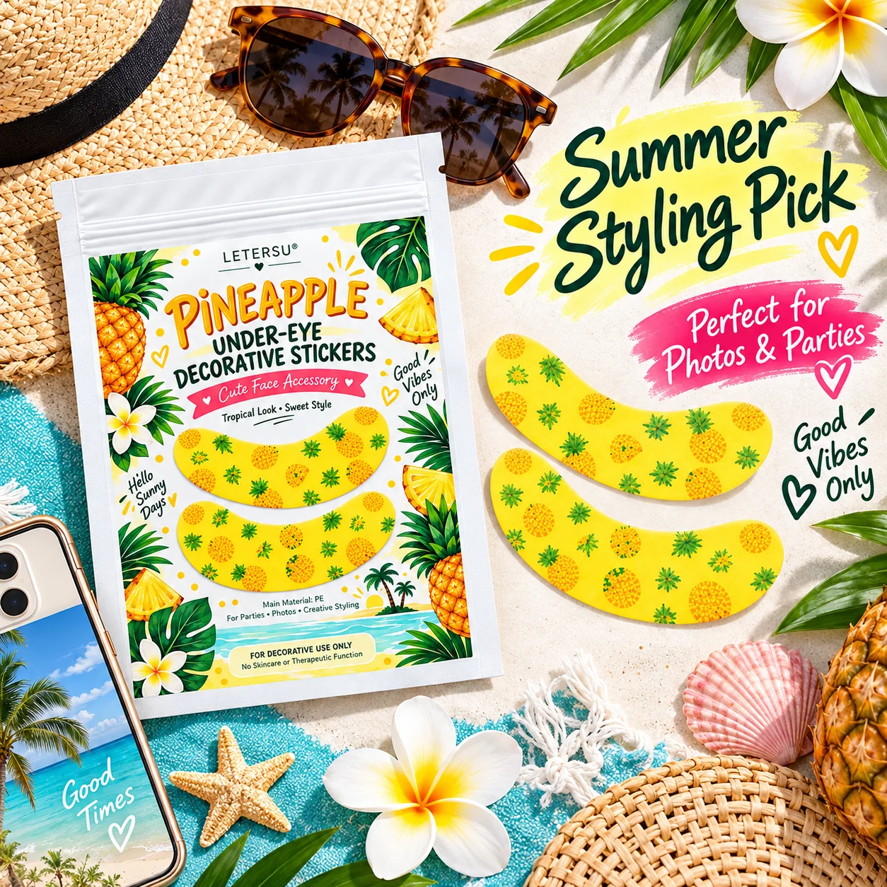 4PCS Pineapple Under Eye Stickers, Cute Tropical Eye Patches, Summer Face Makeup Decorations for Women, Beach Party Festival