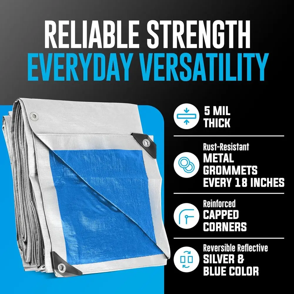 قماش القنب البلاستيكي المقاوم للماء مقاس 16 × 16 قدمًا و5 مل مع حلقات للأماكن الخارجية والحديقة والتخييم والبقاء على قيد الحياة (قابل للعكس، أزرق/فضي)