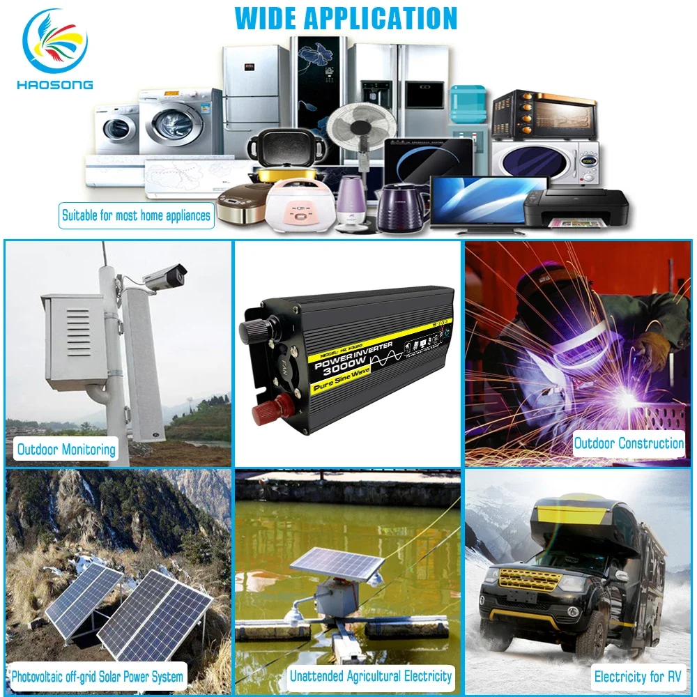 

202548V 60V to AC 220V Pure Sine Wave Inverter 230V Car Converter 1000W Solar Transformer 50Hz 60Hz DC to AC for Home