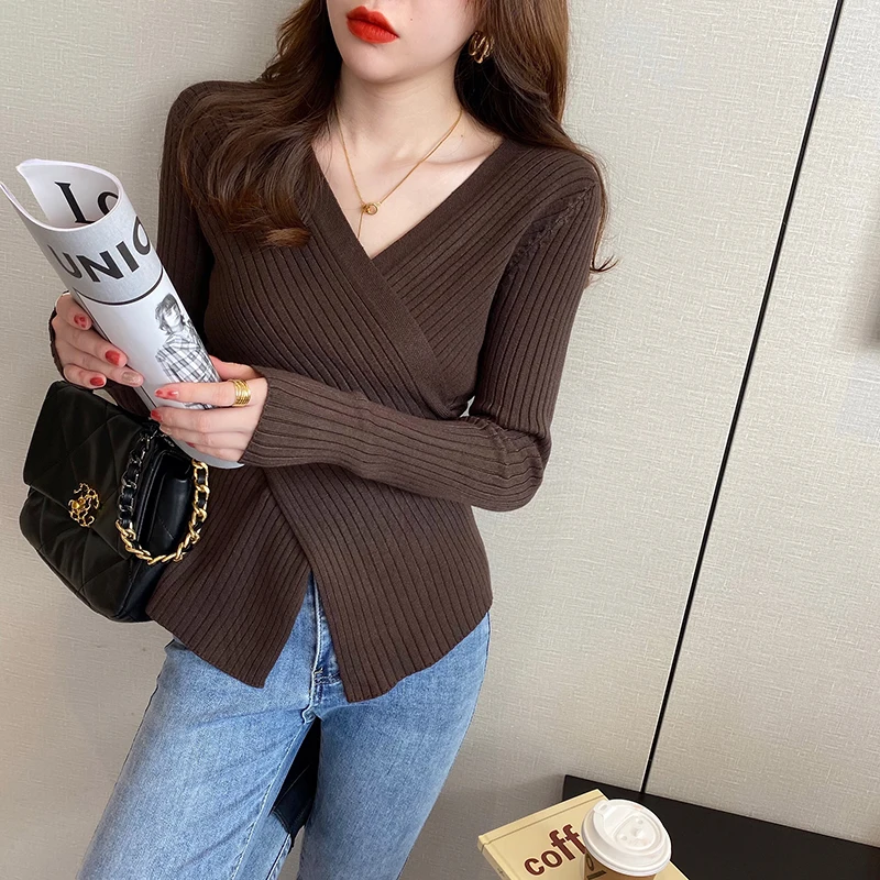 Gestrickte Pullover Frauen Pullover Neue Langarm V-ausschnitt Schwarz Schlank Stricken Pullover Pullover Frauen Tops Pullover Frauen Kleidung Q1118