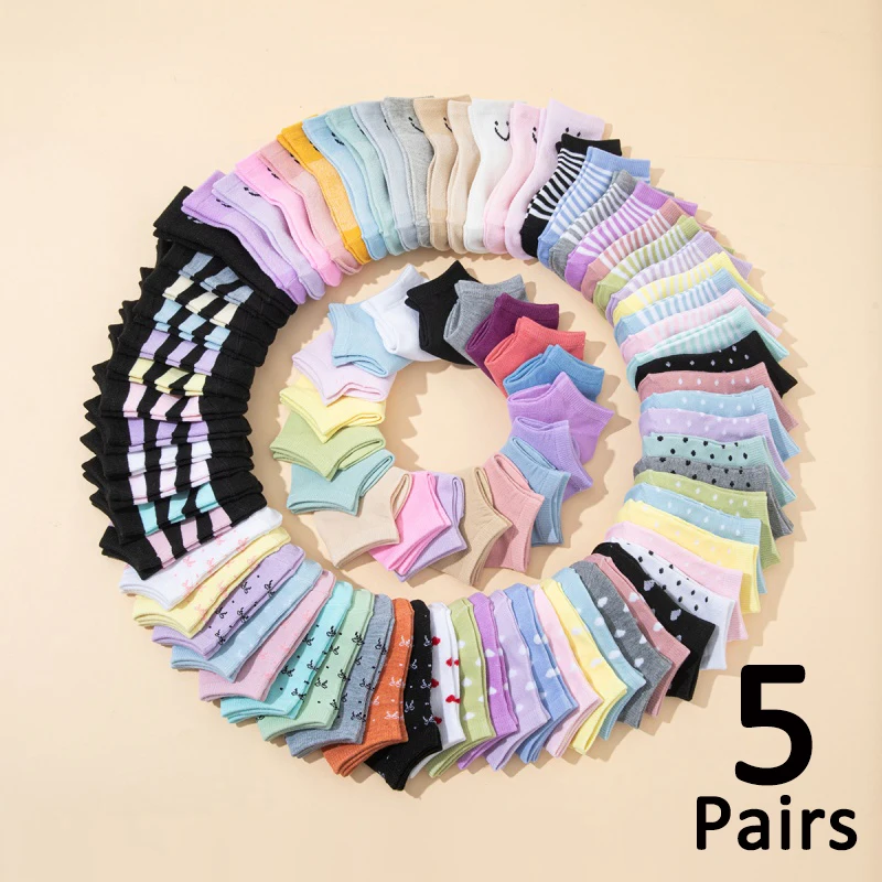 Image of 5 Paar Kindersocken mit verschiedenen Motiven (z. B. Herzformen, Punkte, Streifen, Schleifen usw.) Geeignet für Knöchelsocken für Jungen und Mädchen