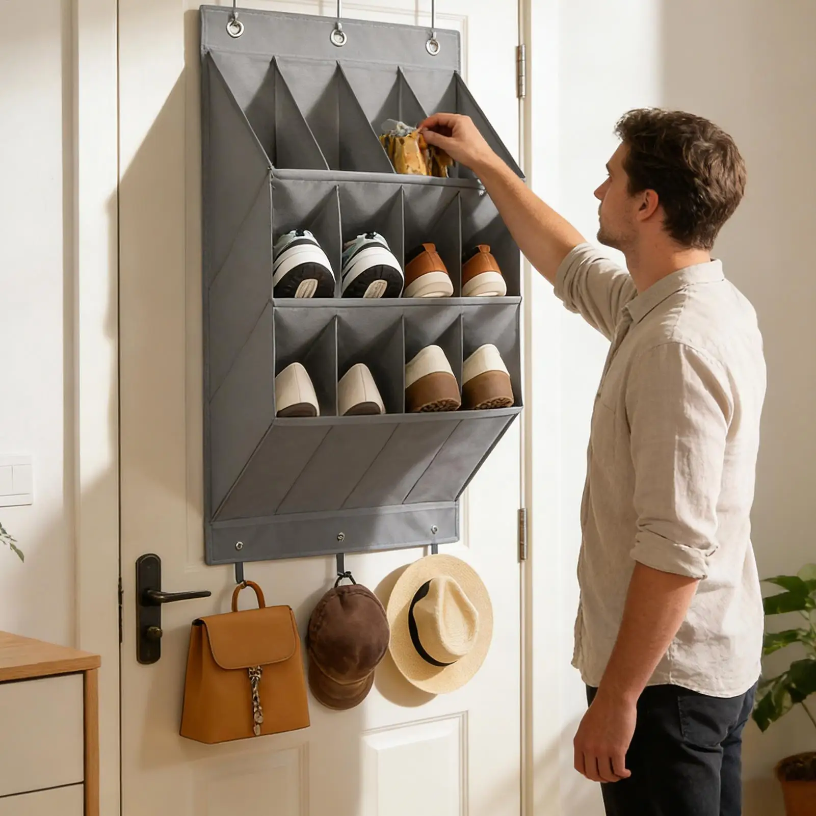 

Настенная сумка для хранения с несколькими карманами, большой подвесной органайзер для обуви над дверью за дверью с 3 металлическими крючками, полка для обуви, сумки для хранения