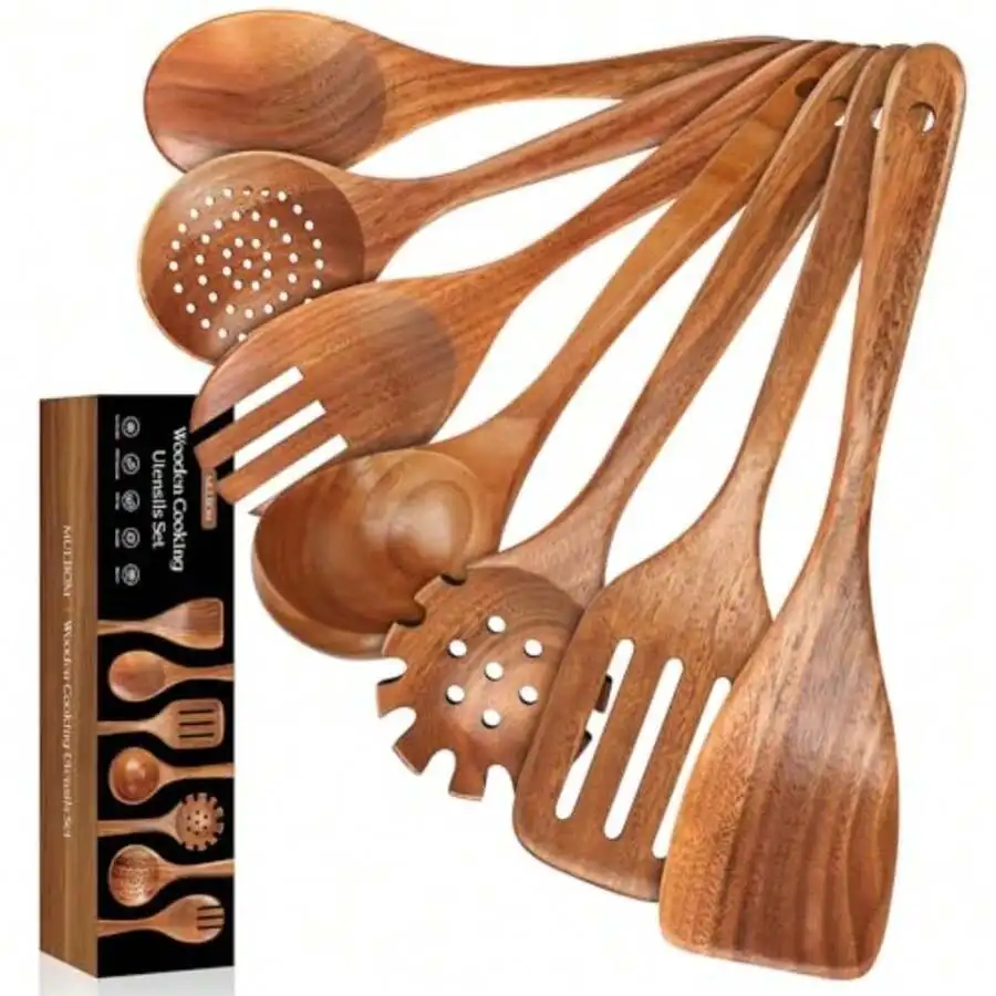 

Wooden Cooking Utensil Set Teak Kitchen Tools Soup Spoon Strainer Fork Spatula Slotted Spoon