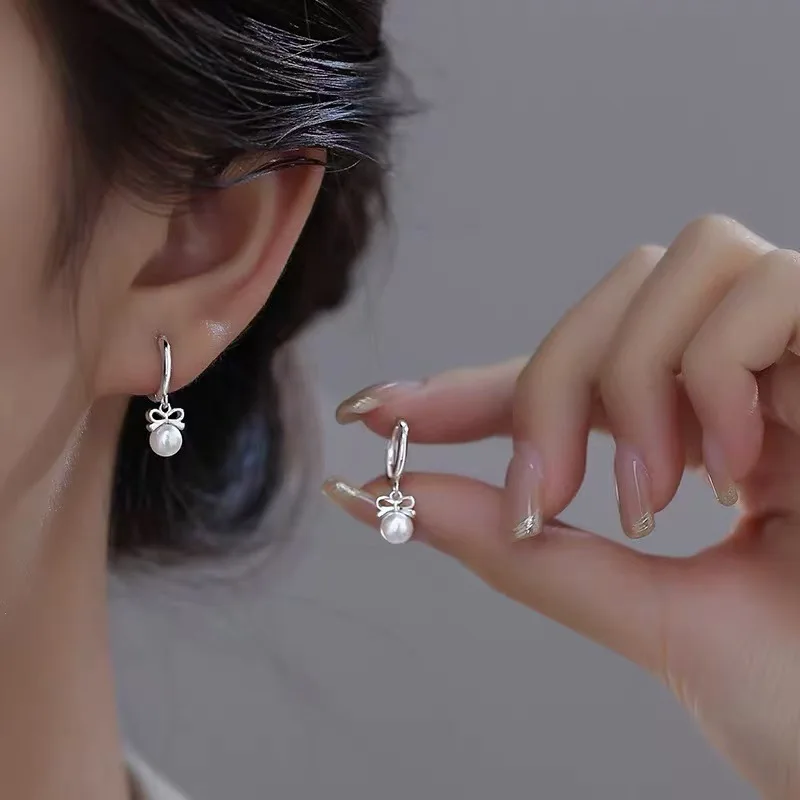 

Real 925 Sterling Silver Elegant Mini Bowknot Pearl Pendant Hoop Earrings for Charm Women Cute Fine Jewelry Accessories