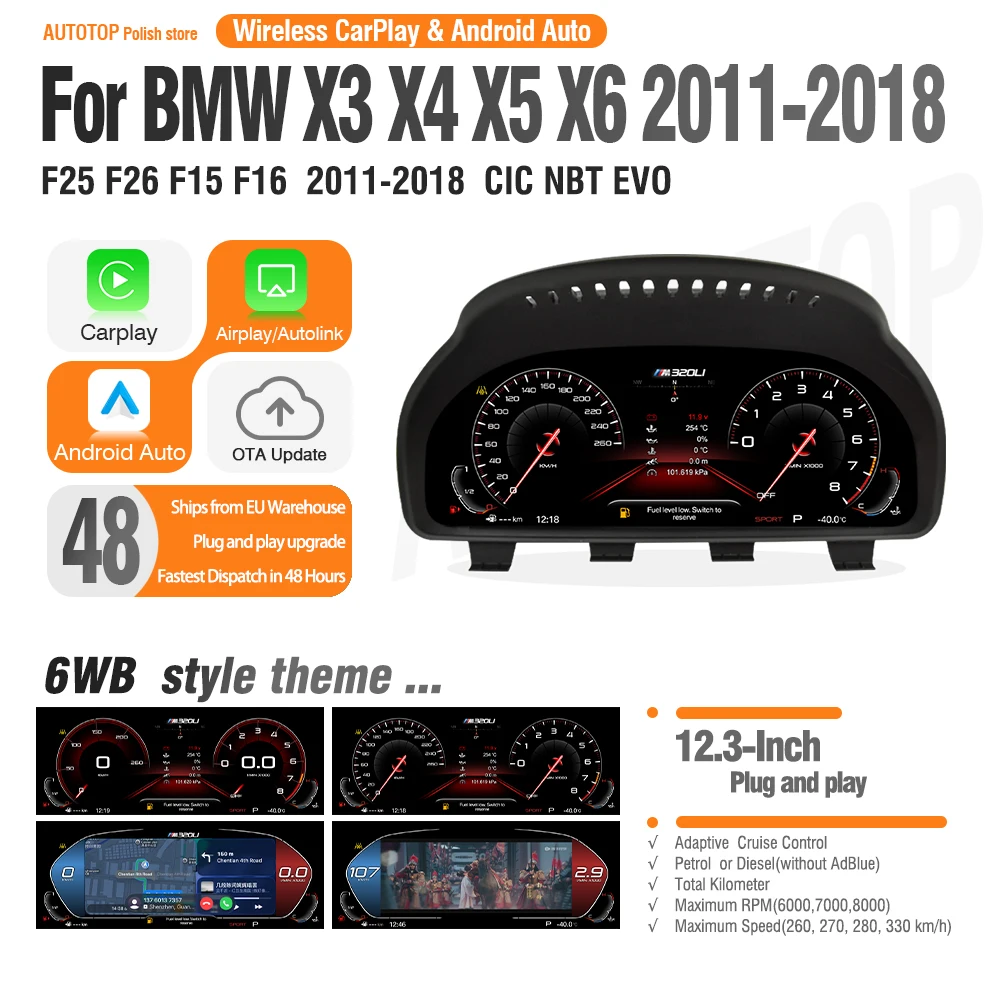AUTOTOP Tableau de bord numérique 12,3 pouces pour BMW X3 F25 X4 F26 X5 F15 X6 F16 2009-2019 GPS CarPlay Android Auto Écran LCD