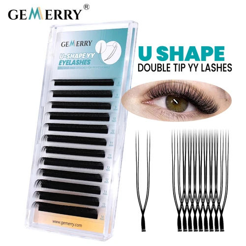 GEMERRY forma de U YY pestañas de extensión de doble punta C/D Curl 8-14mm mezcla prefabricada volumen ventilador pestañas naturales suaves y tenues pestañas postizas