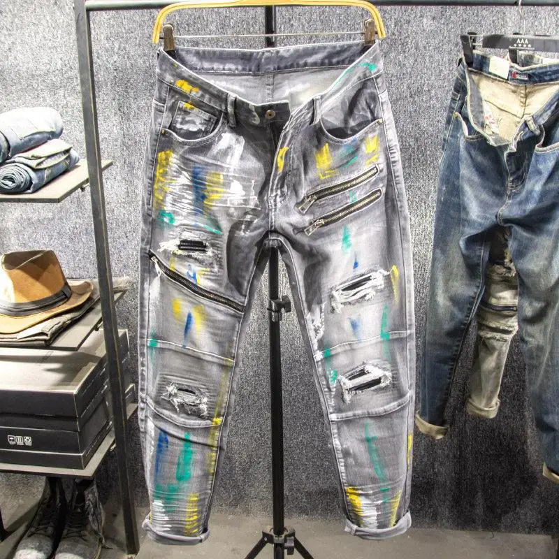 Men's Denim Jeans in American Biker Style, Ripped and Distressed, Graffiti Print, Vintage Style, Slim Fit, Tapered Cut