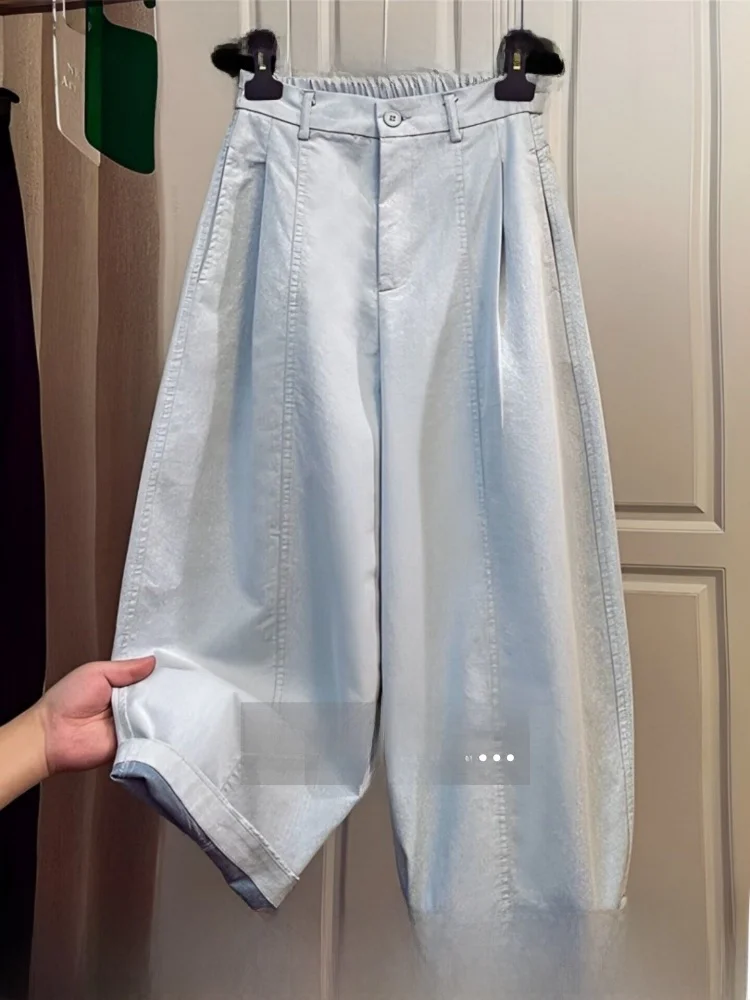 

Women's Elastic Waist Casual Nine-Tenths Knife- Pants Straight Leg Balloon Pants High Waist Commute Style Pure Color