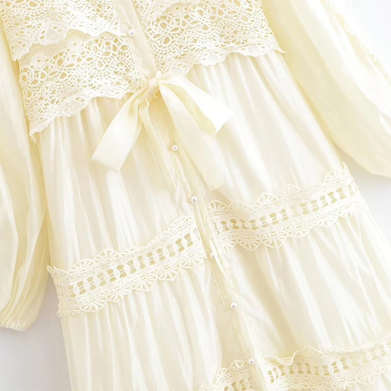 YENKYE 2025 Donne Patchwork di Pizzo Grande Altalena Camicia Lunga Abito Moda Falso 2 Pezzi Eleganti Abiti Autunnali Partito Maxi Abiti