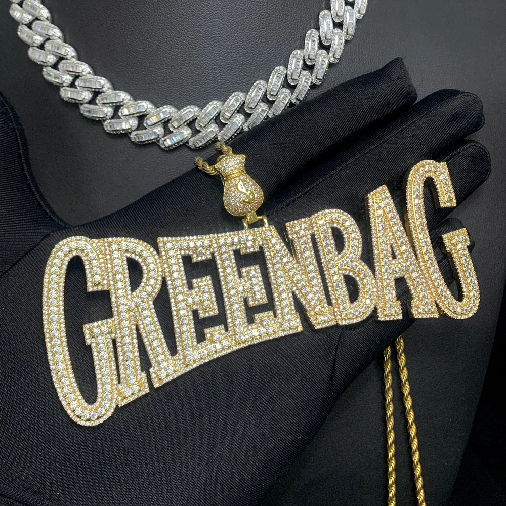 2026 NEW Extra Big Hip Hop Men Jewelry MoneyBag Bail Full Paved 5A CZ Iced Out Bling Letter Green Bag Pendant Necklace