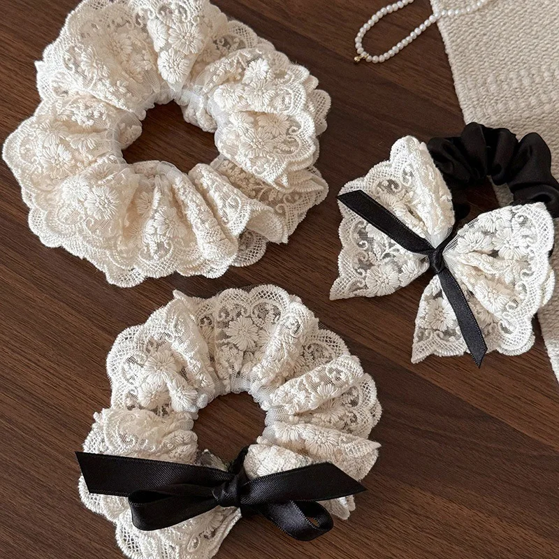 Französisches Retro-Haarband mit doppelter Schleife und Spitze, Dickdarm-Haarband, gebundenes Haar-Stirnband, Blumen-Haar-Accessoires