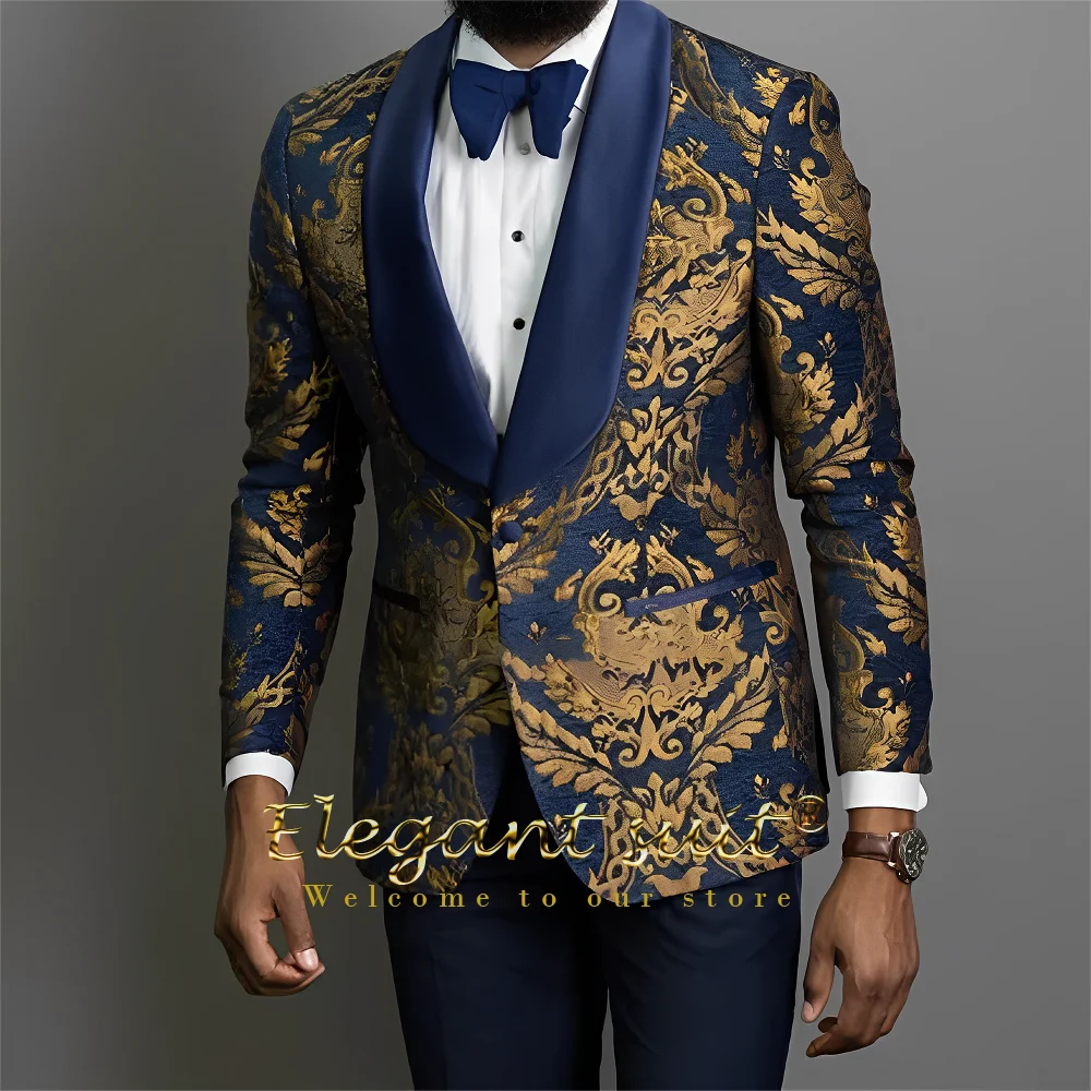 

Men's black shawl collar printed jacket trousers suit dress, suitable for wedding party celebration formal event custom tuxedo