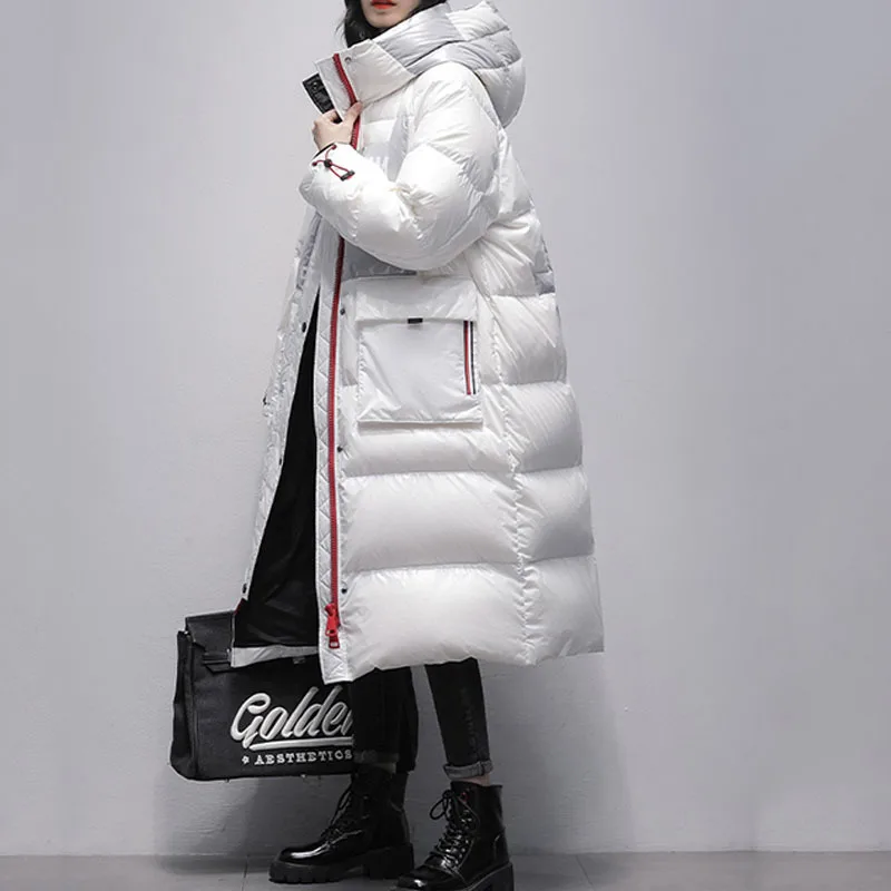 2023 Winter Glossy Waterproof Coat Women X-Long 90% White Duck Down Coat Thick  Loose Outerwear Warm Down Jacket Hooded Parkas