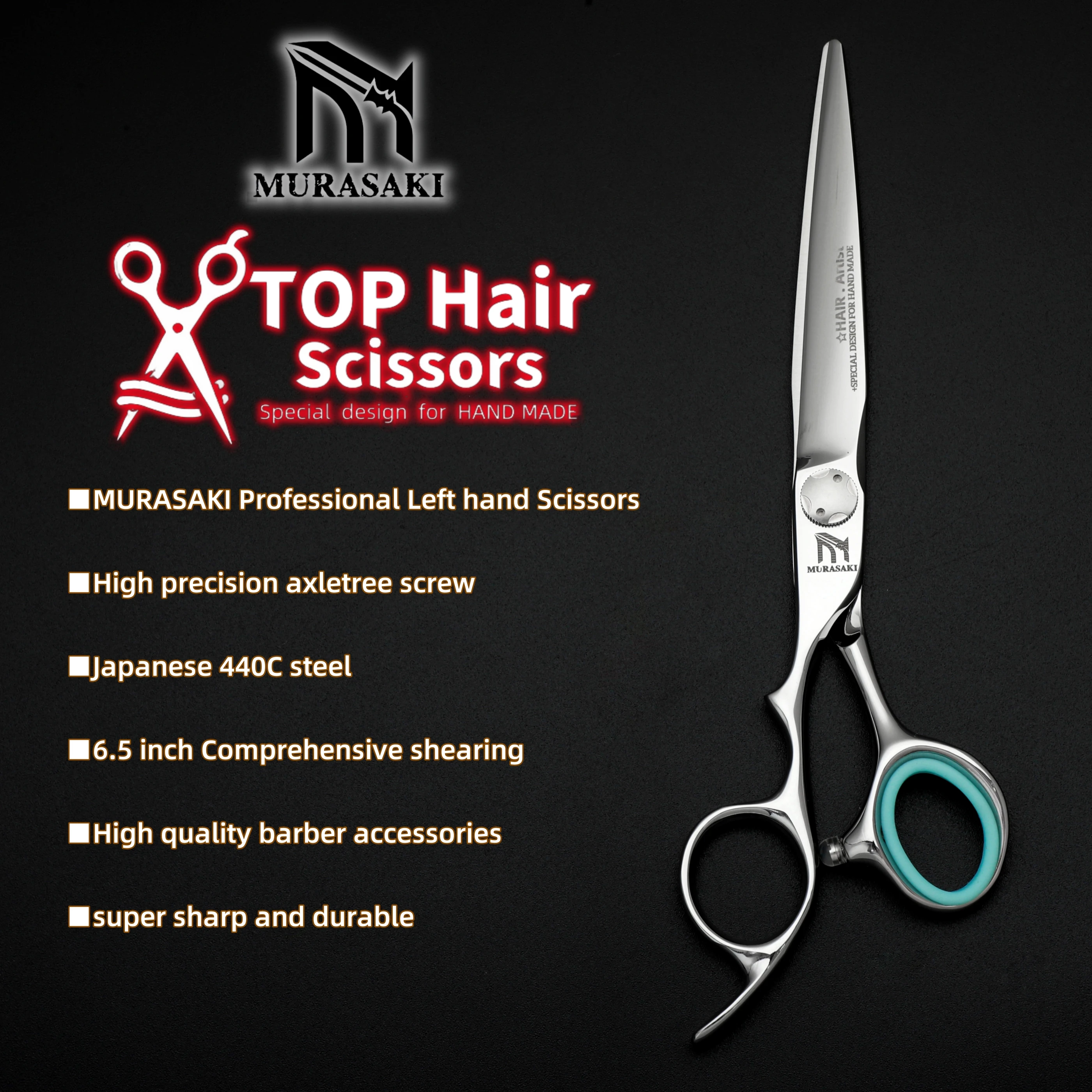 MURASAKI Left Hand Barber Scissors, 6.0 to 6.8 Inch Hair Cutting Scissors, Japan 440C Steel, High Quality Barbershop Accessories