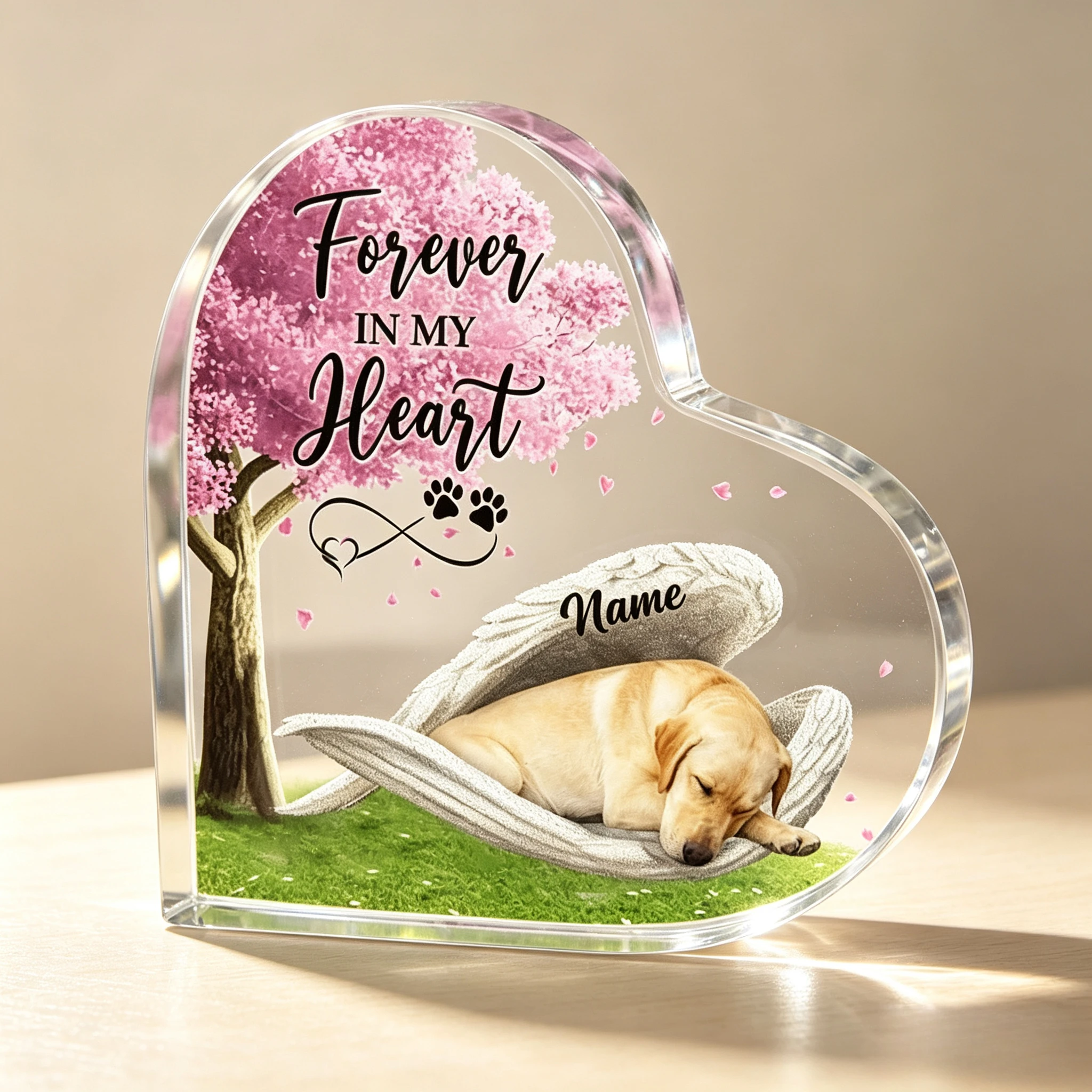Pet Bereavement Heart‑Shaped Acrylic Sign, Sleeping Dog Angel Wing Desktop Remembrance Decor