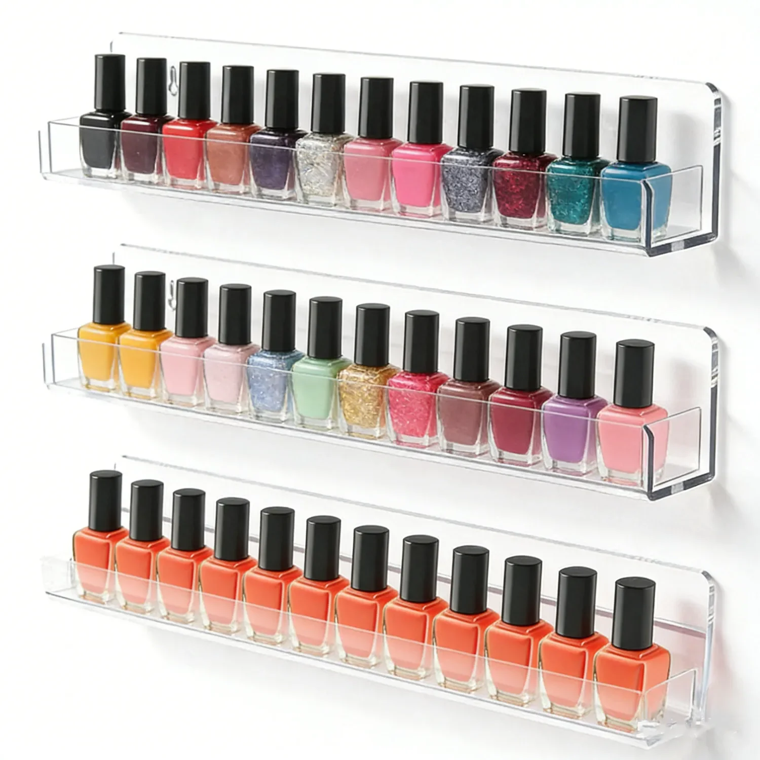 3 Tier Shelve Wall Mount Acrylic Nail Gel Polish Rack Display Holder Organizer Hold 33 to 45 Bottles Stand Showing