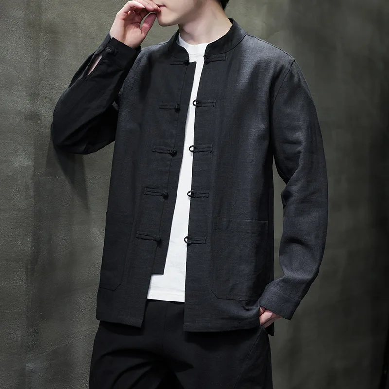 

Новинка весны 2025 года, мужская хлопково-льняная рубашка в китайском стиле с длинными рукавами, большой размер, воротник-стойка, костюм Тан, традиционная одежда в стиле ретро