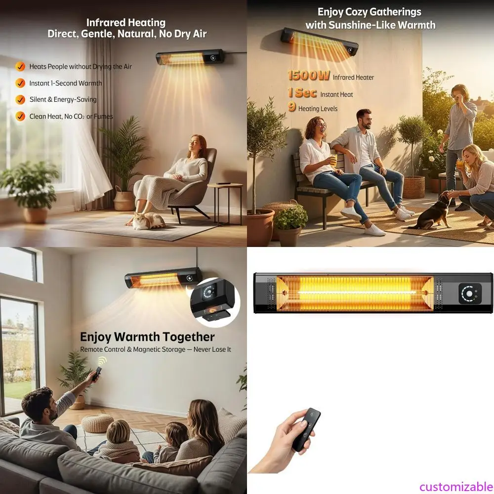 

Indoor Wall-Mounted 1500W Infrared Patio Heater with Motion Sensor, Waterproof, Adjustable Heat Levels, and 9-Hour Timer