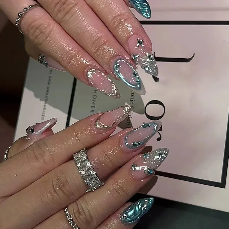 24 pçs doce legal unhas falsas amêndoa imprensa em unhas lua espumante estrelas unhas falsas cobertura completa francês wearable manicure dicas de unhas