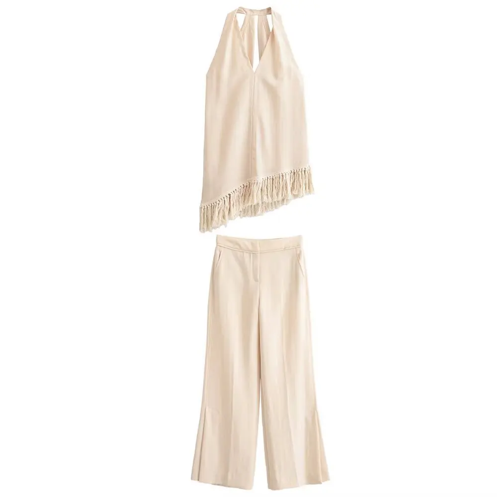 Fashion Fringe Neck Hanging Top Wide Leg Pants Set Women's Clothing Cross-Border Organic Cotton Casual All-Match Pure Color