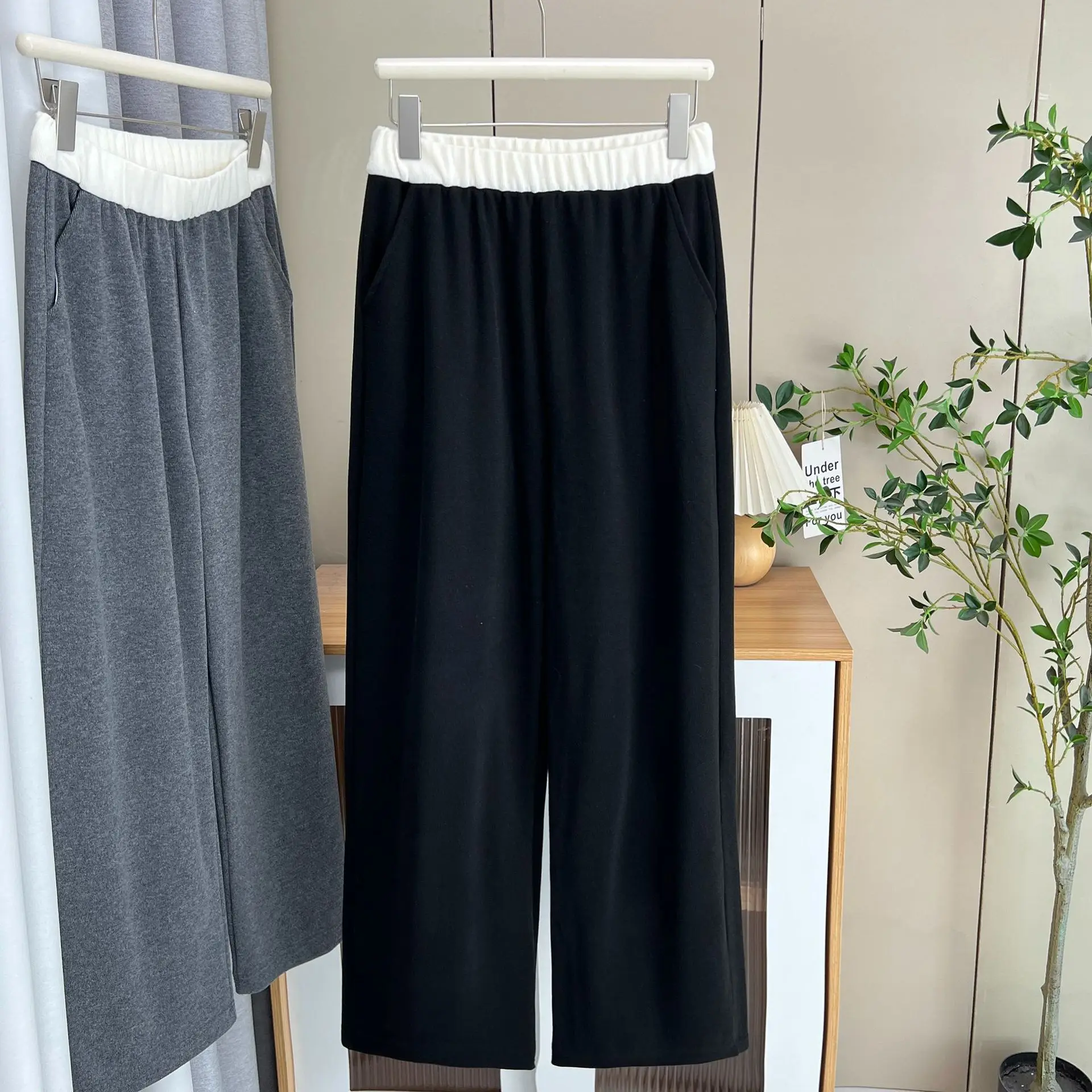 حجم كبير المرأة السراويل الساق المستقيمة الخريف عارضة اللون حجب هايت الخصر واسعة الساق السراويل 387