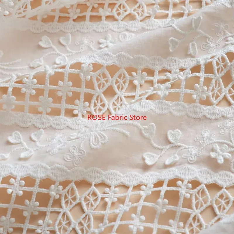 

White Cotton Cloth Openwork 3D Embroidery Lace Fabric Handmade DIY Clothes Sewing Accessories Width 125cm