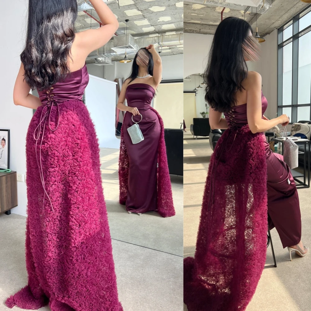 

Retro Strapless Mermaid Sweep/Brush Evening Dresses Flower Satin Formal Occasion Gown vestidos de ocasión formalesفساتين السهرة