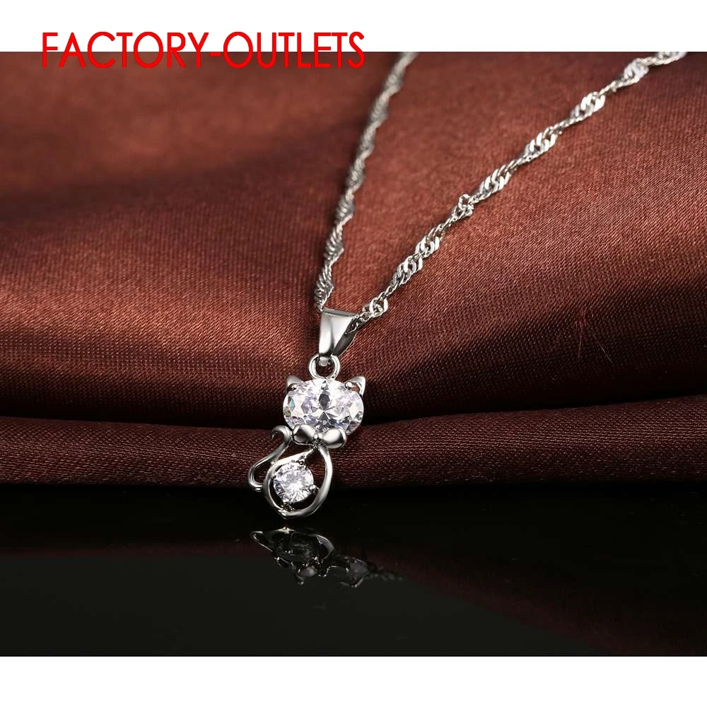 Genuine 925 Sterling Silver Cubic Zirconia Wedding Jewelry Sets CZ Crystal Cute Animal Cat Necklace Earrings Female Club Party