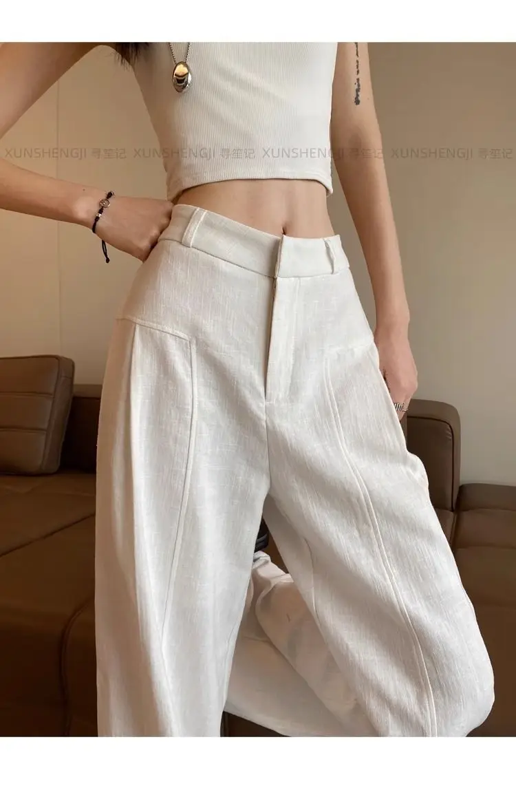 White Ramie Wide-leg Pants Women's Summer Thin High Waist Drape Old Money Style Suit Straight Sub-cotton and Linen Casual Pants